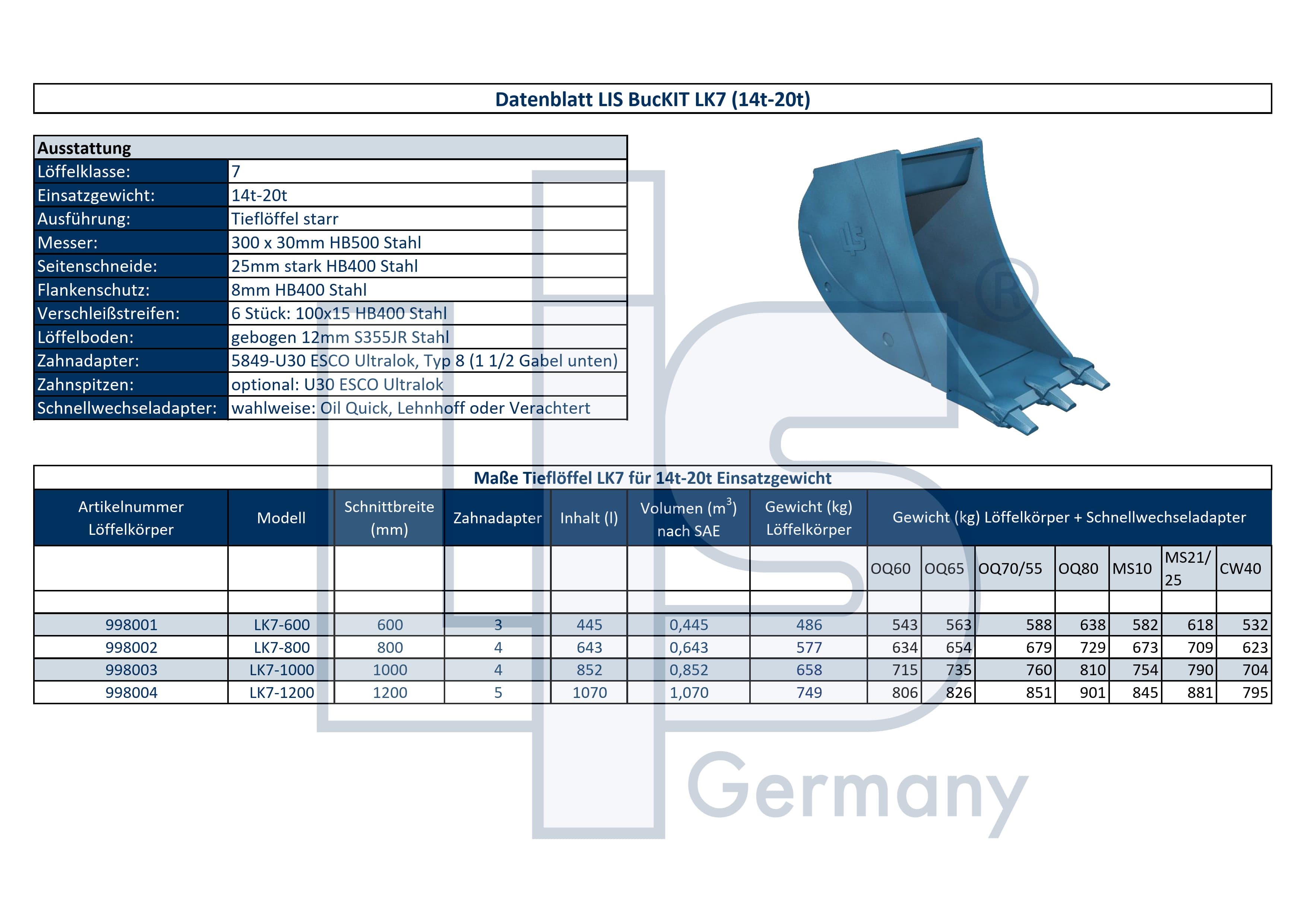 LIS Backhoe bucket Körper 14t - 20t / 600  mm / without quick coupler adapter